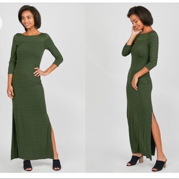 Three Dots Side Slit Kelley Green Striped Maxi Dress Size Medium - Picture 2 of 7